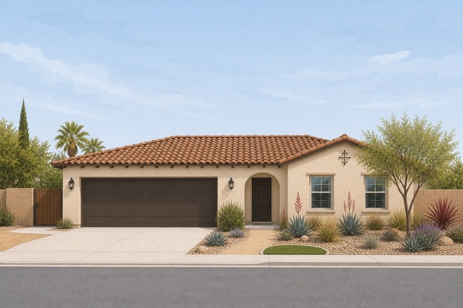 Graphic example of a straight-on photo showing an entire single-story Spanish-style Bakersfield house with drought-tolerant landscaping
