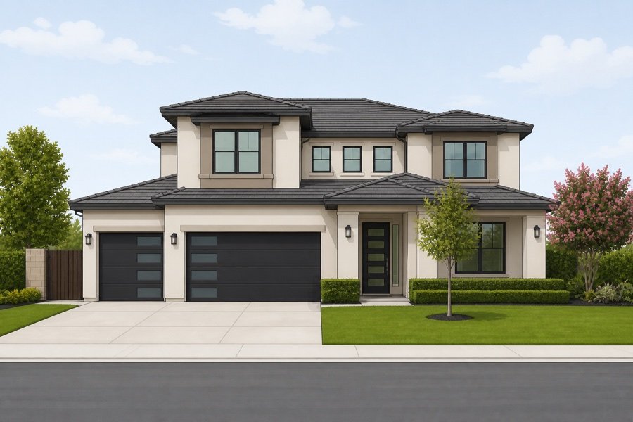 Graphic example of a straight-on photo showing an entire contemporary two-story Bakersfield house with a green lawn and trees