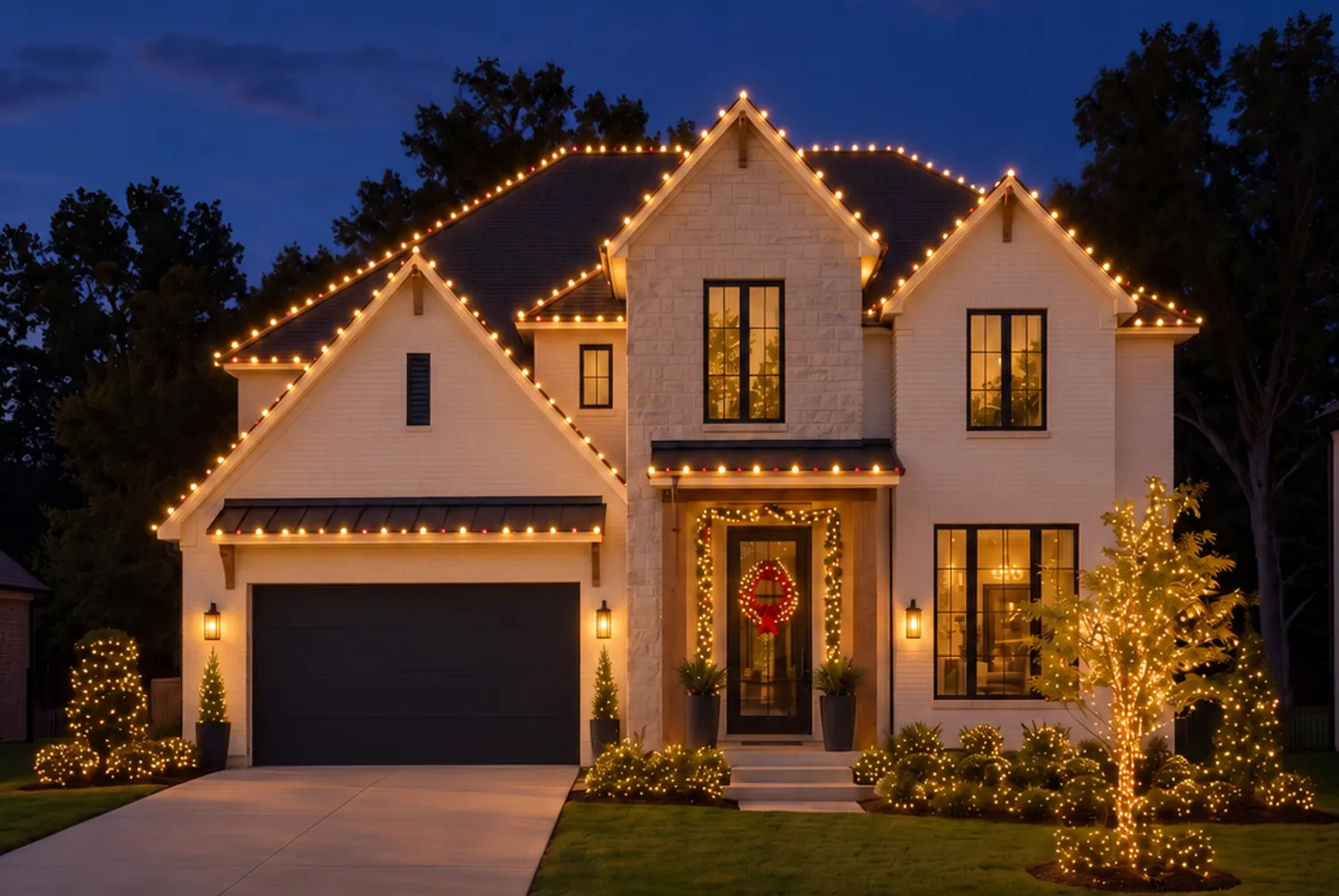 Warm white Christmas lights along every roofline, the porch, the garage awning and the front-yard trees of a Bakersfield home